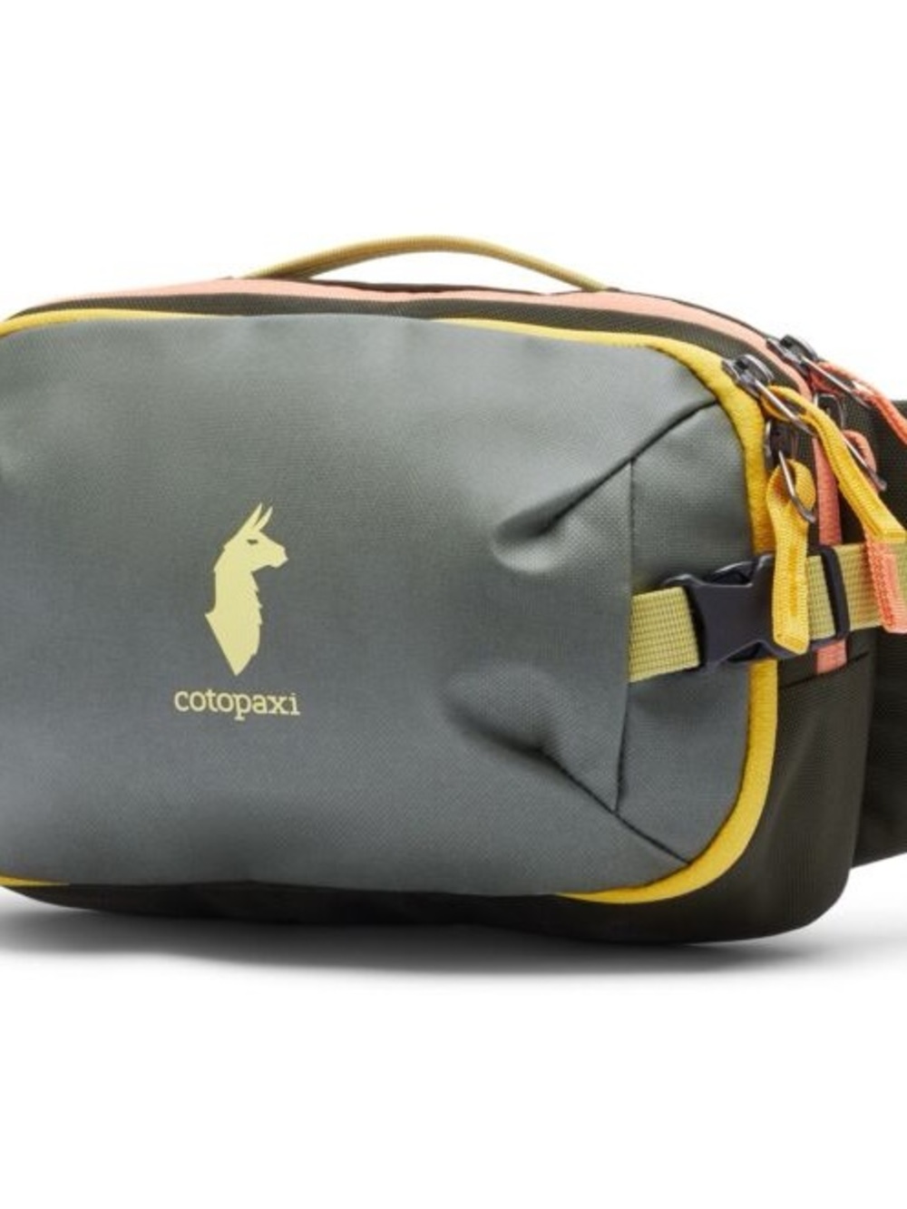 cotopaxi Olive Green Belt Bag with Orange and Pink Trim